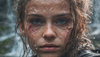 1girl, solo, looking at viewer, blue eyes, brown hair, closed mouth, outdoors, blurry, lips, wet, eyelashes, depth of field, blurry background, portrait, close-up, rain, realistic, nose, wet hair