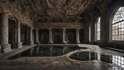 day,indoors,water,tree,no humans,window,sunlight,scenery,reflection,stairs,architecture,pillar,arch,column,wooden floor,fantasy,tiles,tile floor,ruins,statue,floor,carpet