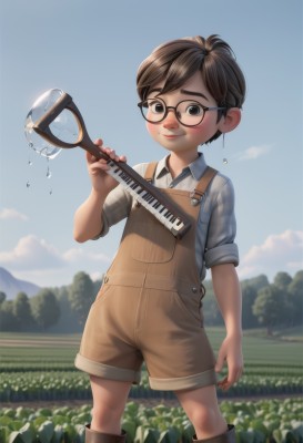 solo,looking at viewer,smile,short hair,brown hair,shirt,1boy,holding,brown eyes,closed mouth,standing,white shirt,flower,short sleeves,male focus,boots,outdoors,sky,glasses,shorts,day,collared shirt,cloud,water,blurry,black eyes,tree,blue sky,blurry background,feet out of frame,brown footwear,knee boots,grass,instrument,child,sleeves rolled up,freckles,black-framed eyewear,water drop,overalls,male child,field,holding instrument,brown shorts,overall shorts,blush