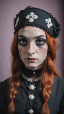 1girl,solo,long hair,looking at viewer,simple background,brown hair,dress,brown eyes,closed mouth,upper body,braid,choker,artist name,orange hair,black dress,twin braids,lips,makeup,lipstick,portrait,freckles,lolita fashion,realistic,nose,gothic lolita,red lips,gothic,jewelry,green eyes,red hair,parted lips,brooch,lace