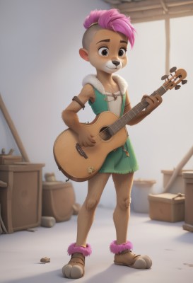 solo,blush,short hair,1boy,holding,animal ears,brown eyes,standing,full body,pink hair,male focus,multicolored hair,shoes,sleeveless,artist name,indoors,blurry,black eyes,vest,two-tone hair,fur trim,blurry background,looking down,green skirt,instrument,furry,fur collar,furry female,music,guitar,furry male,male child,body fur,undercut,playing instrument,holding instrument,animal nose,mohawk,1girl,smile,skirt,bare shoulders,tail,watermark,armlet,asymmetrical hair,very short hair,dirty,open vest,brown fur,two-tone fur