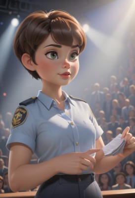 1girl,breasts,blush,smile,short hair,bangs,multiple girls,skirt,brown hair,shirt,holding,closed mouth,green eyes,white shirt,upper body,short sleeves,small breasts,necktie,solo focus,collared shirt,belt,pants,artist name,indoors,blurry,uniform,lips,buttons,blurry background,thick eyebrows,blue shirt,freckles,6+boys,pocket,paper,nose,red lips,shirt tucked in,breast pocket,badge,police,police uniform,crowd,holding paper,policewoman,people,parted lips