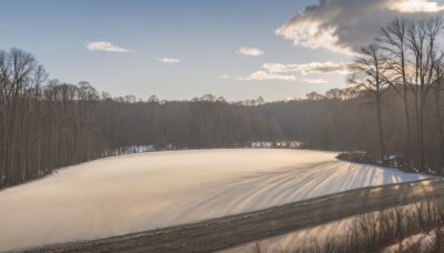 outdoors,sky,day,cloud,tree,blue sky,no humans,shadow,sunlight,grass,building,nature,scenery,snow,forest,road,winter,bare tree,river,landscape,water,cloudy sky,sand,desert