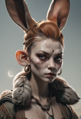 1girl,solo,breasts,looking at viewer,blue eyes,blonde hair,brown hair,animal ears,cleavage,jewelry,medium breasts,closed mouth,collarbone,upper body,earrings,necklace,rabbit ears,lips,grey eyes,fur trim,eyelashes,makeup,scar,facial mark,portrait,scar on face,forehead,hoop earrings,realistic,nose,long hair,braid,pointy ears,single braid,moon,rabbit girl,crescent moon