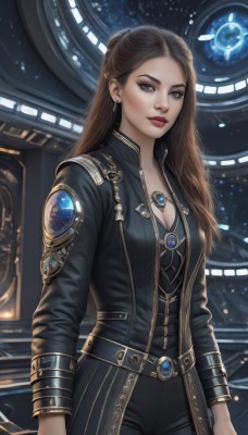 1girl,solo,long hair,breasts,looking at viewer,brown hair,long sleeves,cleavage,brown eyes,jewelry,medium breasts,closed mouth,standing,cowboy shot,earrings,belt,pants,indoors,necklace,lips,coat,bodysuit,makeup,black pants,lipstick,gem,pendant,half updo,science fiction,realistic,nose,arms at sides,red lips,eyeliner,space,planet,holding,weapon,artist name