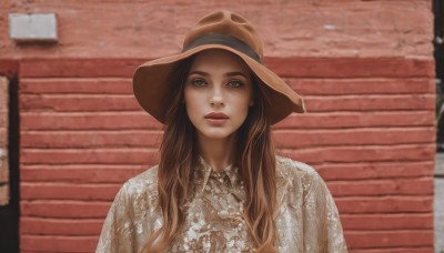 1girl,solo,long hair,looking at viewer,brown hair,shirt,hat,dress,brown eyes,white shirt,upper body,outdoors,parted lips,day,collared shirt,white dress,blurry,lips,freckles,sun hat,realistic,brown headwear,straw hat,red lips,brick wall,makeup