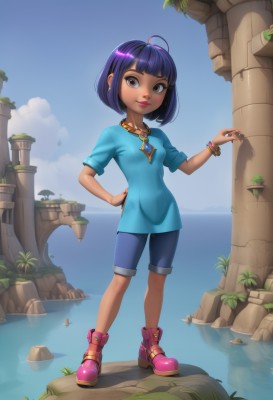 1girl,solo,breasts,looking at viewer,smile,short hair,bangs,shirt,black hair,brown eyes,jewelry,closed mouth,blue hair,standing,full body,purple hair,ahoge,short sleeves,earrings,small breasts,boots,outdoors,sky,shoes,shorts,day,artist name,cloud,dark skin,blunt bangs,water,necklace,nail polish,bracelet,dark-skinned female,tree,blue sky,lips,fingernails,hand on hip,makeup,ocean,watermark,bob cut,blue shirt,lipstick,gem,child,web address,pink nails,pendant,blue shorts,rock,pink lips,pink footwear,red lips,female child,bangle,hand up,plant,t-shirt,ankle boots