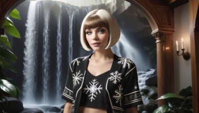 1girl,solo,looking at viewer,short hair,bangs,blue eyes,blonde hair,brown hair,shirt,closed mouth,collarbone,jacket,upper body,short sleeves,open clothes,midriff,indoors,blunt bangs,water,lips,crop top,grey eyes,black shirt,bob cut,plant,nose,candle,pillar,waterfall,smile,brown eyes,makeup,leaf,candlestand