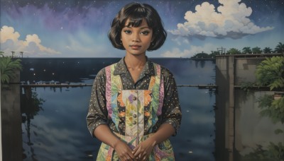 1girl,solo,looking at viewer,smile,short hair,bangs,shirt,black hair,dress,brown eyes,jewelry,collarbone,upper body,earrings,outdoors,parted lips,sky,cloud,dark skin,water,black eyes,dark-skinned female,lips,head tilt,makeup,night,ocean,floral print,bob cut,ring,cloudy sky,own hands together,plant,star (sky),night sky,scenery,starry sky,reflection,nose,horizon,very dark skin,print dress,long sleeves,bag,handbag