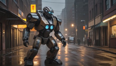 blue eyes,standing,outdoors,solo focus,no humans,glowing,robot,ground vehicle,building,mecha,motor vehicle,science fiction,rain,city,realistic,car,road,police,lamppost,street,open hands,lights,night,glowing eyes,multiple others