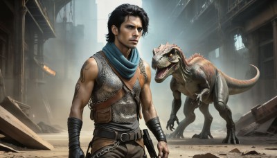 HQ,solo,black hair,1boy,brown eyes,standing,weapon,male focus,outdoors,teeth,belt,signature,scarf,armor,tattoo,chain,fangs,building,claws,science fiction,monster,realistic,dragon,ruins,dust,dinosaur,short hair,open mouth,gloves,tail,yellow eyes,day,pants,bag,looking at another,window,muscular,facial hair,bandages,sharp teeth,pouch,scales