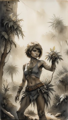 1girl,solo,breasts,short hair,brown hair,gloves,navel,bare shoulders,brown eyes,jewelry,standing,monochrome,small breasts,midriff,belt,pants,signature,bracelet,tree,lips,torn clothes,leaf,abs,tank top,plant,nature,realistic,palm tree,ruins,vines,sepia,dirty,blonde hair,flower,food,fruit