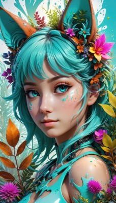 1girl,solo,breasts,looking at viewer,short hair,bangs,blue eyes,hair ornament,animal ears,bare shoulders,closed mouth,upper body,flower,hairband,choker,shiny,artist name,cat ears,hair flower,from side,aqua eyes,lips,torn clothes,eyelashes,aqua hair,makeup,fake animal ears,leaf,plant,portrait,eyeshadow,pink lips,nose,mascara,fox ears,watermark,facial mark,web address,pink flower,yellow flower,purple flower,eyeliner,facepaint,orange flower