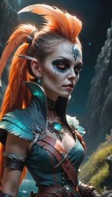 1girl,solo,long hair,breasts,looking at viewer,hair ornament,red eyes,gloves,cleavage,jewelry,medium breasts,upper body,ponytail,weapon,earrings,small breasts,parted lips,choker,belt,artist name,signature,necklace,orange hair,blurry,lips,orange eyes,eyelashes,tattoo,makeup,blurry background,facial mark,feathers,high ponytail,lipstick,brooch,gem,eyeshadow,nose,red lips,eyeliner,feather hair ornament,facepaint,facial tattoo,hair pulled back,mascara,armlet