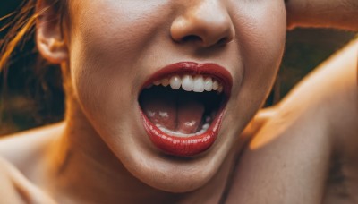 1girl,solo,open mouth,1boy,collarbone,male focus,teeth,tongue,blurry,lips,portrait,close-up,realistic,nose,orange hair,makeup,parody,lipstick,horror (theme),what