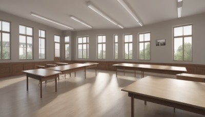 day,indoors,tree,no humans,window,shadow,chair,table,sunlight,plant,curtains,scenery,wooden floor,door,chinese text,shade,school,ceiling light,watermark,desk,classroom,school desk,chalkboard