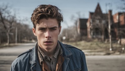 solo,looking at viewer,short hair,blue eyes,brown hair,shirt,1boy,jacket,upper body,male focus,outdoors,parted lips,day,collared shirt,blurry,tree,blurry background,denim,blue jacket,building,realistic,denim jacket,open clothes,sky,open jacket,depth of field,facial hair,portrait,brown jacket,stubble,road,leather,leather jacket