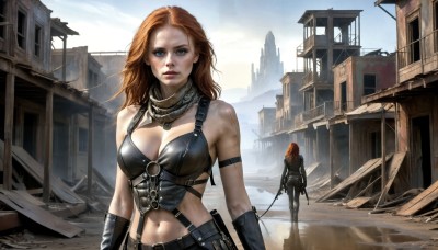 HQ,1girl,long hair,breasts,looking at viewer,blue eyes,large breasts,brown hair,gloves,navel,holding,cleavage,bare shoulders,jewelry,medium breasts,weapon,outdoors,sky,solo focus,midriff,sword,necklace,orange hair,armor,lips,scar,building,realistic,ruins,dirty,multiple girls,2girls,red hair