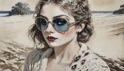 1girl,solo,looking at viewer,short hair,blue eyes,brown hair,shirt,hair ornament,jewelry,collarbone,upper body,earrings,outdoors,one eye closed,day,tree,lips,makeup,ocean,beach,sunglasses,lipstick,portrait,realistic,nose,sand,red lips,aviator sunglasses,blush,closed mouth,braid,sky,water,fur trim,eyelashes