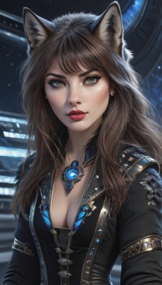 1girl,solo,long hair,breasts,looking at viewer,bangs,brown hair,long sleeves,animal ears,cleavage,brown eyes,jewelry,medium breasts,green eyes,jacket,upper body,parted lips,choker,cat ears,necklace,lips,black jacket,grey eyes,fur trim,eyelashes,makeup,lipstick,gem,pendant,freckles,nose,red lips,yellow eyes,earrings,artist name,wolf ears,realistic