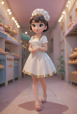 1girl,solo,looking at viewer,blush,smile,short hair,bangs,brown hair,black hair,hat,dress,brown eyes,jewelry,closed mouth,standing,full body,short sleeves,earrings,food,shoes,indoors,white dress,blurry,lips,see-through,loli,blurry background,white headwear,own hands together,child,shop,chef hat,shirt,white shirt,black eyes,apron,maid headdress,shadow,pink footwear,female child