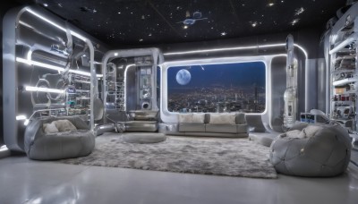 sky,indoors,no humans,window,night,building,star (sky),scenery,reflection,science fiction,city,realistic,cityscape,space,planet,earth (planet),spacecraft,seat,moon,ground vehicle,starry sky,aircraft