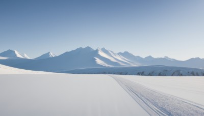 monochrome,outdoors,sky,day,tree,blue sky,no humans,grass,nature,scenery,snow,forest,blue theme,mountain,road,field,landscape,mountainous horizon,hill,winter,footprints