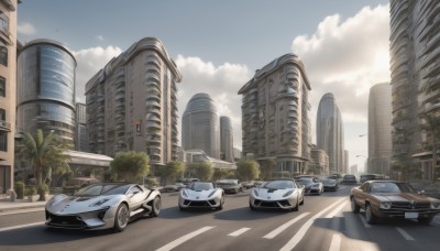 outdoors,sky,day,cloud,tree,blue sky,no humans,shadow,bird,cloudy sky,ground vehicle,building,scenery,motor vehicle,city,palm tree,car,road,vehicle focus,lamppost,street,skyscraper,traffic light,crosswalk,sunlight,cityscape,sports car,real world location