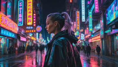 1girl, long hair, black hair, jacket, upper body, ponytail, outdoors, solo focus, hood, from side, profile, night, scenery, city, sign, realistic, road, street, cyberpunk, neon lights, vanishing point