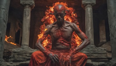 solo,looking at viewer,1boy,navel,jewelry,sitting,closed mouth,collarbone,male focus,pointy ears,dark skin,colored skin,dark-skinned male,fire,topless male,red skin,pillar,statue,black skin,burning,column,red hair,bracelet,scar,ring,bald