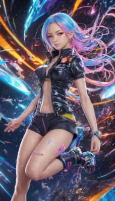 1girl,solo,long hair,breasts,looking at viewer,navel,brown eyes,jewelry,medium breasts,closed mouth,underwear,blue hair,jacket,pink hair,short sleeves,multicolored hair,earrings,open clothes,shoes,shorts,pointy ears,socks,midriff,belt,stomach,bra,bracelet,two-tone hair,open jacket,lips,black jacket,short shorts,tattoo,floating hair,black shorts,ring,black socks,sneakers,zipper,watch,nose,unzipped,wristwatch,space,leg tattoo,cleavage,boots,pink eyes,necklace,piercing,black bra,ear piercing