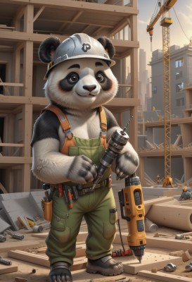 solo,looking at viewer,smile,shirt,1boy,hat,holding,brown eyes,standing,full body,weapon,male focus,outdoors,sky,belt,artist name,cloud,holding weapon,black eyes,gun,animal,building,furry,overalls,furry male,bullet,bear,truck,animal ears,military,helmet,ground vehicle,motor vehicle,explosive,panda,screw