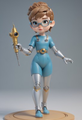 1girl,solo,looking at viewer,short hair,simple background,brown hair,holding,brown eyes,standing,full body,weapon,glasses,grey background,flat chest,lips,bodysuit,goggles,mechanical arms,single mechanical arm,prosthesis,smile,boots,joints