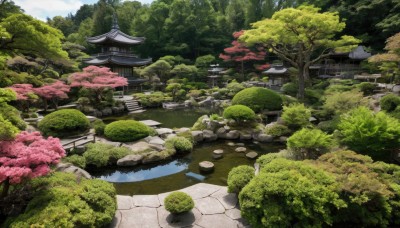 outdoors,sky,day,cloud,water,tree,no humans,grass,cherry blossoms,building,nature,scenery,forest,rock,road,bush,architecture,bridge,east asian architecture,river,path,pond,stone lantern,real world location,moss