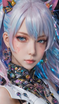 1girl,solo,long hair,looking at viewer,bangs,blue eyes,hair ornament,animal ears,bare shoulders,jewelry,closed mouth,blue hair,white hair,heart,multicolored hair,earrings,cat ears,two-tone hair,lips,eyelashes,makeup,facial mark,portrait,eyeshadow,mascara,blush,hair between eyes,necklace,crescent,gem,close-up,pink lips,realistic,nose,gold