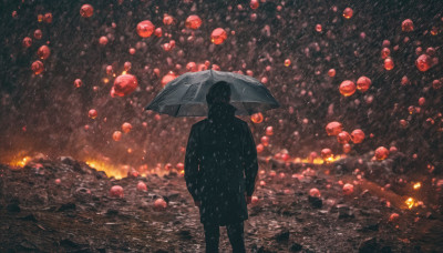 solo, 1boy, holding, standing, male focus, outdoors, sky, from behind, night, umbrella, scenery, rain, holding umbrella, hands in pockets, facing away, dark, transparent, transparent umbrella