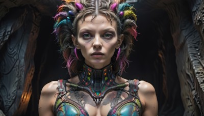 1girl,solo,breasts,looking at viewer,brown hair,hair ornament,bare shoulders,closed mouth,green eyes,upper body,multicolored hair,mole,lips,mole under eye,gradient hair,makeup,lipstick,messy hair,eyeshadow,science fiction,realistic,nose,eyeliner,cyberpunk,mechanical parts,short hair,black hair,jewelry,earrings,tattoo,cable,cyborg,dirty