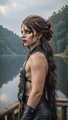 1girl,solo,long hair,breasts,looking at viewer,brown hair,gloves,ribbon,bare shoulders,jewelry,very long hair,hair ribbon,earrings,small breasts,outdoors,parted lips,day,black gloves,belt,hair bun,black eyes,from side,tree,lips,sideboob,makeup,lipstick,half updo,freckles,realistic,red lips,overalls,brown eyes,piercing,suspenders,nose