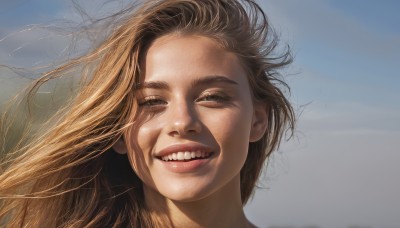 1girl,solo,long hair,looking at viewer,smile,open mouth,blonde hair,brown hair,brown eyes,outdoors,parted lips,sky,teeth,day,grin,lips,floating hair,half-closed eyes,wind,messy hair,portrait,realistic,nose,blue sky,eyelashes,close-up