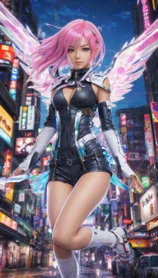 1girl,solo,long hair,breasts,looking at viewer,smile,bangs,blue eyes,hair ornament,gloves,cleavage,bare shoulders,medium breasts,standing,pink hair,boots,outdoors,detached sleeves,wings,sky,shorts,solo focus,socks,lips,kneehighs,short shorts,clothing cutout,bodysuit,night,leg up,cleavage cutout,standing on one leg,building,science fiction,city,cityscape,cyberpunk,pink wings,closed mouth,thighs,hairband,belt,nail polish,floating hair,watermark,piercing,white socks,ground vehicle,night sky,motor vehicle,zipper,car,road,street,energy wings,neon lights,crosswalk