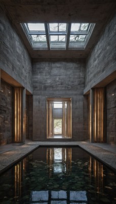 outdoors,day,indoors,water,tree,no humans,window,sunlight,plant,scenery,reflection,stairs,door,wall,architecture,lily pad,hallway,rain,wooden floor,ruins,stone wall