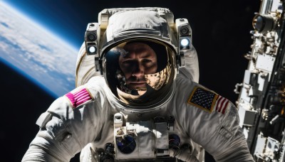 solo,looking at viewer,1boy,upper body,weapon,male focus,facial hair,helmet,beard,reflection,science fiction,realistic,space,planet,earth (planet),american flag,spacecraft,spacesuit,japanese flag,astronaut,flag,flag print,space helmet,united states,american flag print