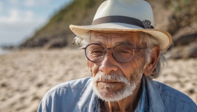 solo,looking at viewer,shirt,1boy,hat,closed mouth,green eyes,jacket,upper body,white hair,grey hair,male focus,outdoors,one eye closed,sky,glasses,day,collared shirt,blurry,depth of field,blurry background,facial hair,white headwear,blue shirt,portrait,beard,realistic,round eyewear,mustache,manly,old,old man,closed eyes,blue sky,parody,blue jacket,facing viewer,wrinkled skin