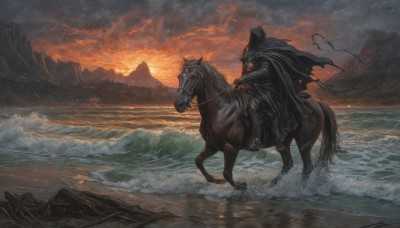 solo,1boy,weapon,male focus,boots,outdoors,sky,cloud,hood,water,cape,armor,ocean,animal,beach,cloudy sky,gauntlets,scenery,cloak,1other,hood up,rain,sunset,mountain,black cape,riding,horse,waves,black cloak,ambiguous gender,horseback riding,hooded cape,reins,saddle,holding,sword,holding weapon,from side,torn clothes,fire,hooded cloak,torn cape,red sky