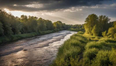 outdoors,sky,day,cloud,water,tree,blue sky,no humans,sunlight,cloudy sky,grass,nature,scenery,forest,sunset,road,bush,river,landscape,path,light rays,sunbeam