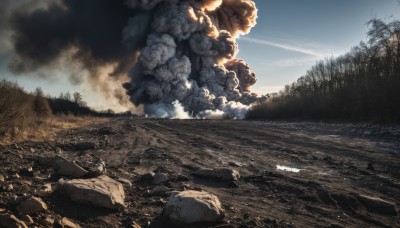 outdoors,sky,day,cloud,tree,military,no humans,fire,nature,scenery,forest,smoke,rock,explosion,ruins,landscape,destruction,water,blue sky,cloudy sky,grass