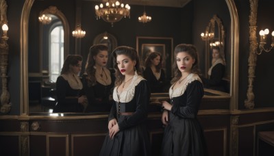 long hair,breasts,looking at viewer,multiple girls,brown hair,black hair,long sleeves,dress,cleavage,brown eyes,jewelry,medium breasts,earrings,indoors,necklace,nail polish,black dress,bracelet,lips,window,makeup,wavy hair,own hands together,lipstick,red nails,corset,reflection,mirror,red lips,different reflection,chandelier,1girl,solo,realistic,lamp,painting (object),portrait (object)