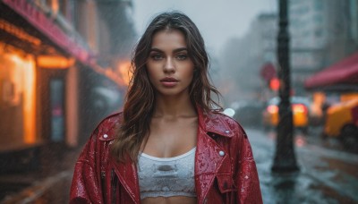 1girl,solo,long hair,breasts,looking at viewer,brown hair,black hair,cleavage,brown eyes,medium breasts,collarbone,jacket,upper body,outdoors,parted lips,open clothes,dark skin,blurry,open jacket,dark-skinned female,lips,crop top,depth of field,blurry background,motor vehicle,red jacket,realistic,leather,leather jacket,blue eyes,underwear,bra,grey eyes,makeup,thick eyebrows,ground vehicle,rain,sports bra,city,car,road,street,white sports bra