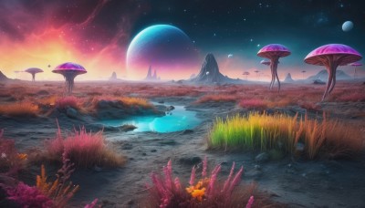 outdoors,sky,cloud,water,tree,no humans,night,moon,grass,star (sky),night sky,scenery,starry sky,rock,fantasy,mushroom,planet,reflection,mountain,sun,landscape