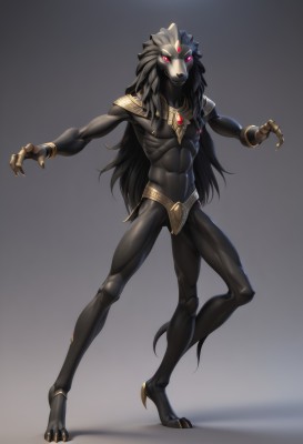 solo,long hair,looking at viewer,simple background,black hair,red eyes,1boy,jewelry,very long hair,standing,tail,full body,male focus,grey background,armor,gradient,gradient background,muscular,glowing,abs,outstretched arms,shoulder armor,gem,glowing eyes,claws,furry,personification,furry male,black skin,digitigrade,animal ears,colored skin,forehead jewel,egyptian